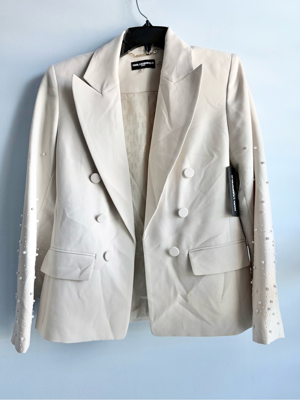 KARL LAGERFELD Women's Pearl-Embellished Peak-Lapel Open-Front Jacket Size 8